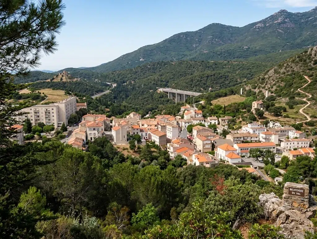 Village du Perthus au pied des Albères, avec le Fort de Bellegarde et le viaduc