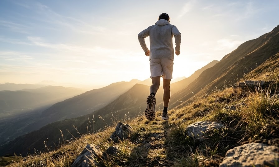 Trailer en montée sur un sentier de montagne au lever du soleil dans les Pyrénées-Orientales